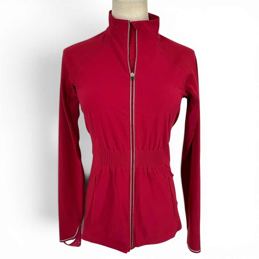 Athleta Womens XXS Red Full Zip Cinched Waist Athletic Running Jacket Reflective